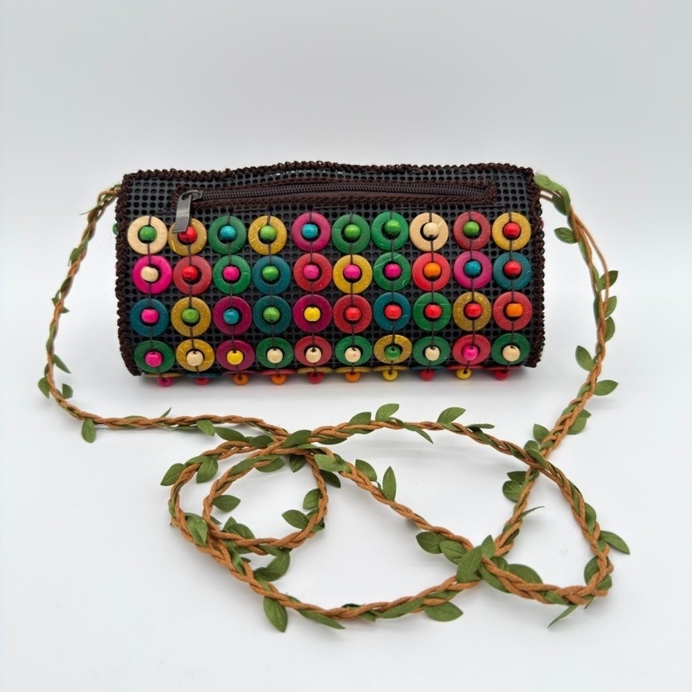Boho Beaded Crossbody Bag Multicolor Disc Leaf Vine Strap Festival